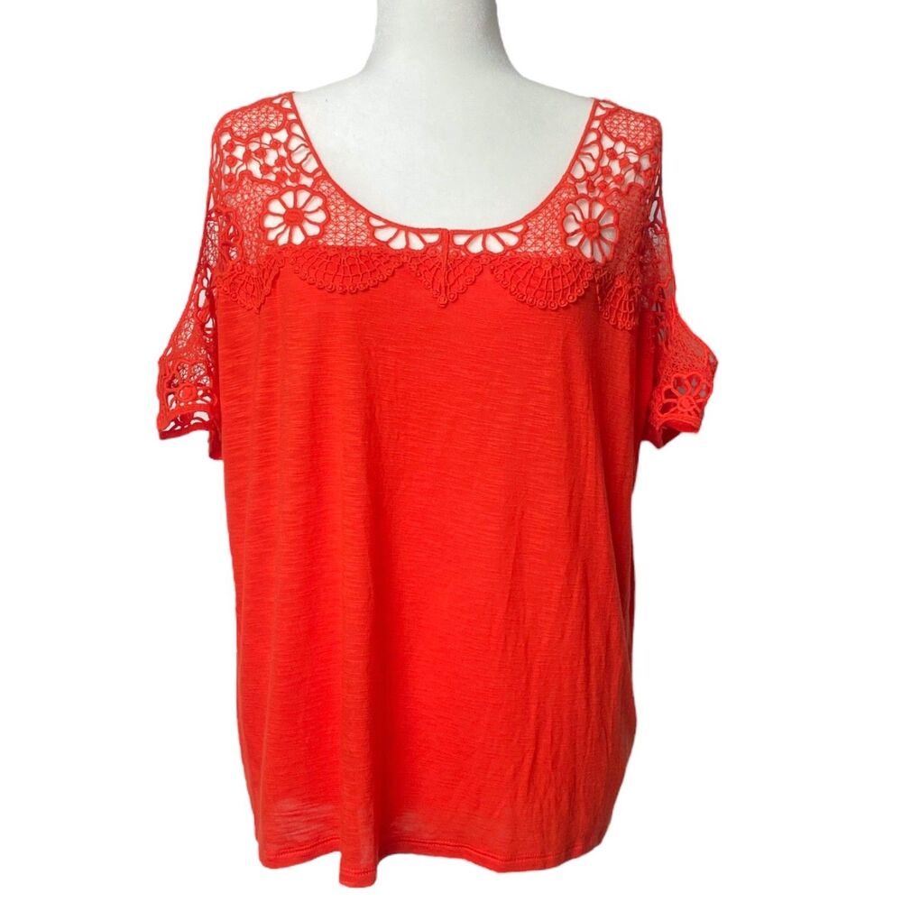 Express Womens Short Sleeve Shirt Crochet Cold Shoulder Pullover Orange, Size L